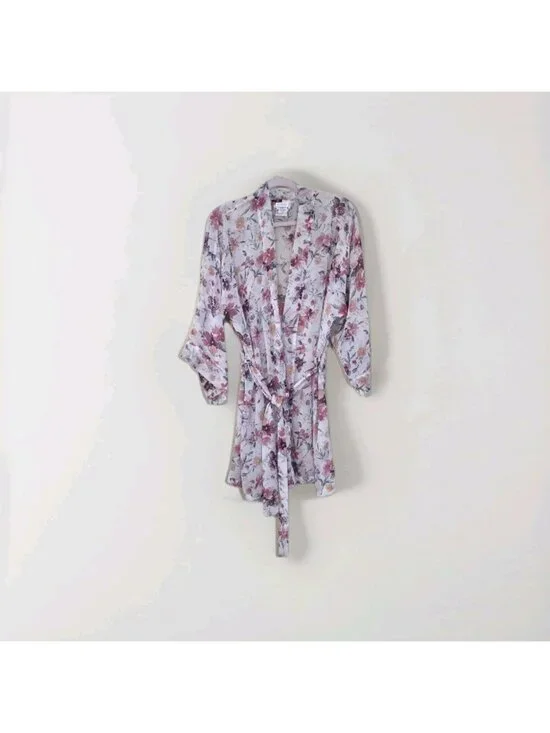Vtg La Senza Short Kimono Robe S/M Sheer Chiffon Floral Watercolor Belt Coquette