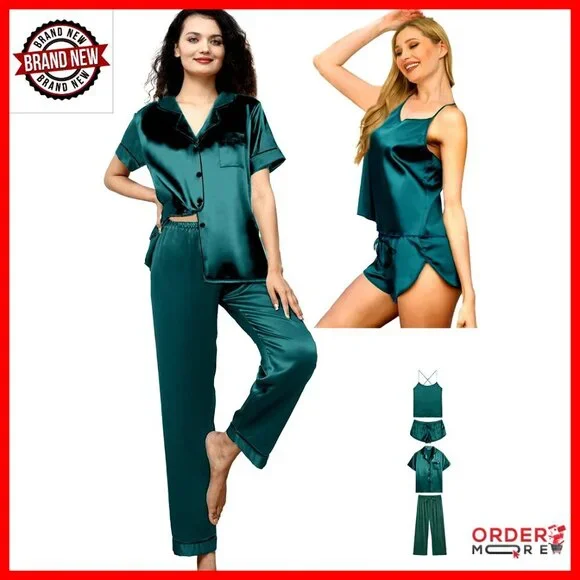5-Piece Silk Pajama Set with Scarf, Cami and Shorts, Loungewear Sleepwear