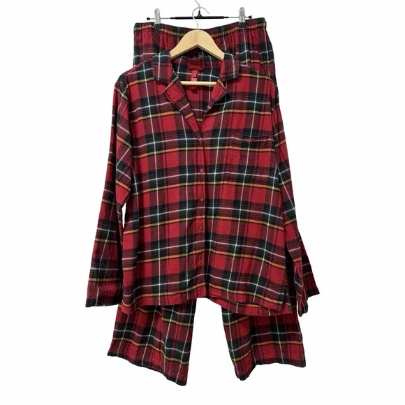 Skims Womens Plaid Flannel Sleep Pajamas Set Size L Red Cozy Comfy Loungewear