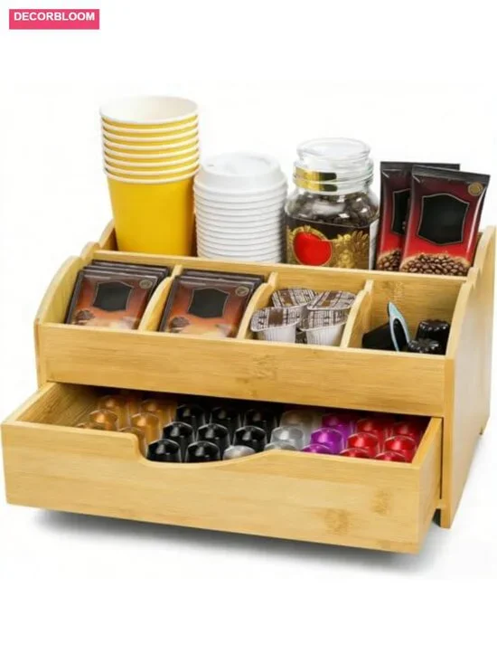 Bamboo Coffee Station Organizer with Drawer and 5 Compartments