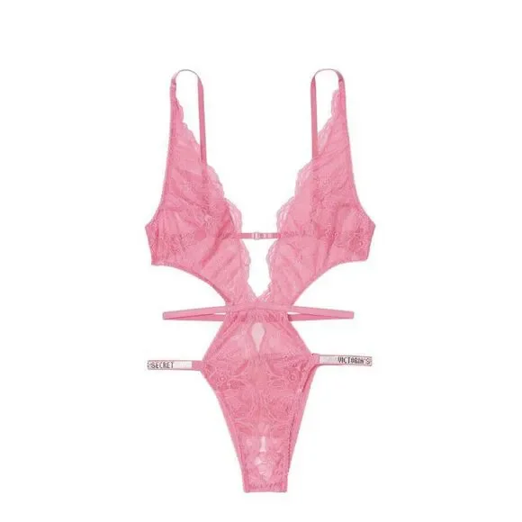 Victoria's Secret Very Sexy‎ Shine Strap Crotchless Teddy Sz M Pink Lace Bling