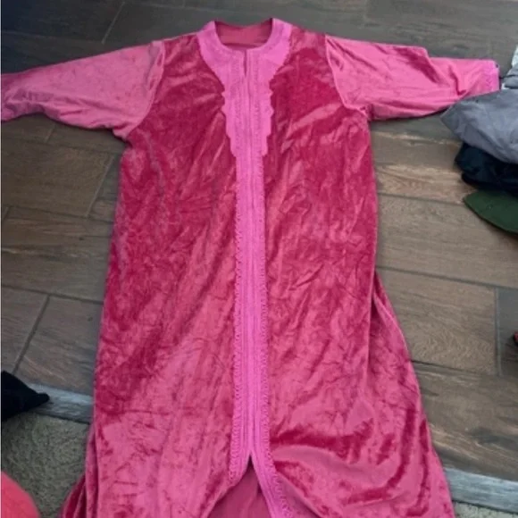 Long Pink Velvet Robe with Trim