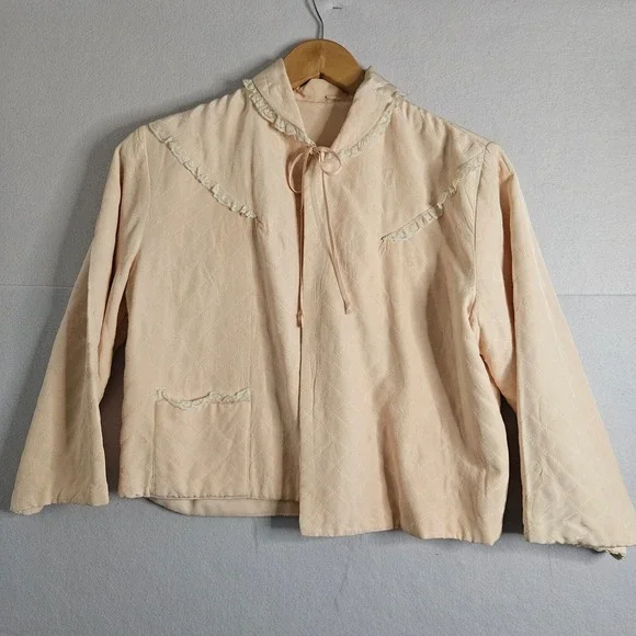 Vtg Quilted Bed Jacket Peach Lace Trim Ribbon Tie Coquette Loungewear 40s‎ 50s