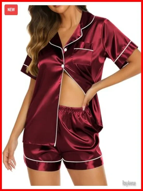 Short Sleeve Satin Pajama Shorts Set Button Down Sleepwear Loungewear Soft 2
