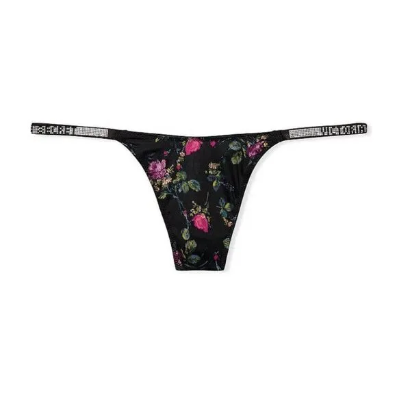 Victoria's Secret Bombshell Skinny Shine‎ Strap V-String Panty Sz L Floral Black