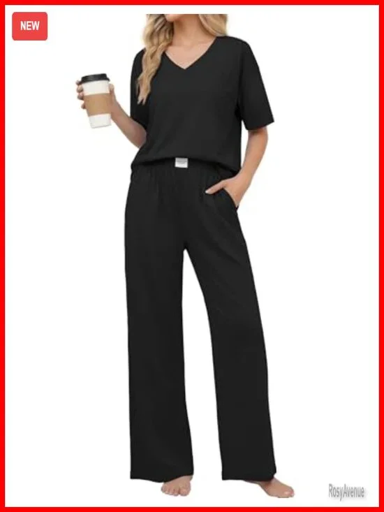 Cotton Short Sleeve Pajama Set with Pockets S-XXL