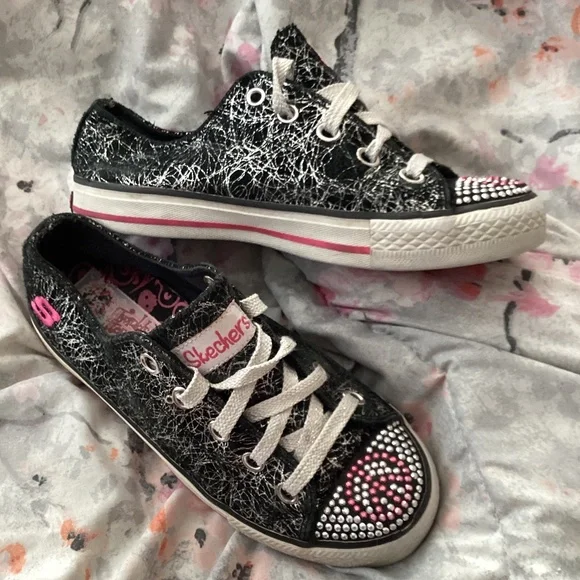 Girl’s Skechers Twinkle Toes Sneakers Size 2.5 Peace Sign Black White Pink READ