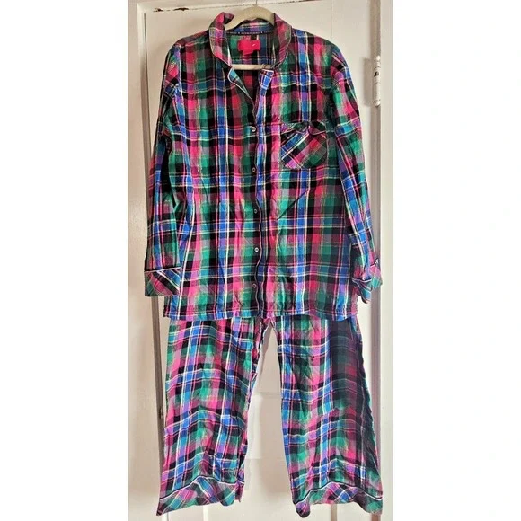 Victoria's Secret 2pc set Pajamas metallic silver plaid‎ cotton button womens XL