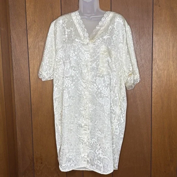 Elizabeth Lauren Womens L‎ Ivory Satin Jacquard Nightgown Lace Trim Coquette Y2K