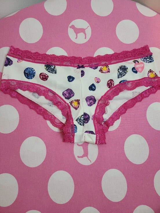 VTG VS PINK Graphic Cotton Lace Trim Low Rise Hipster Panty Size Sm