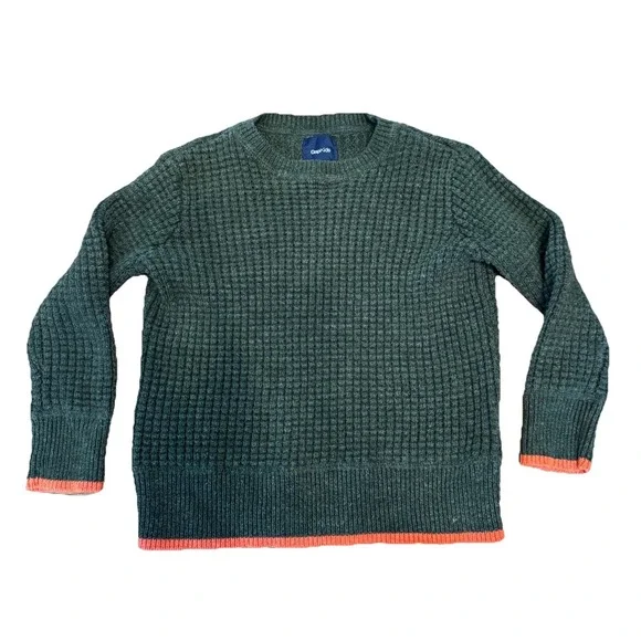 GAP‎ Kids Waffle knit sweater Green Orange Trim pullover preppy XS 4-5