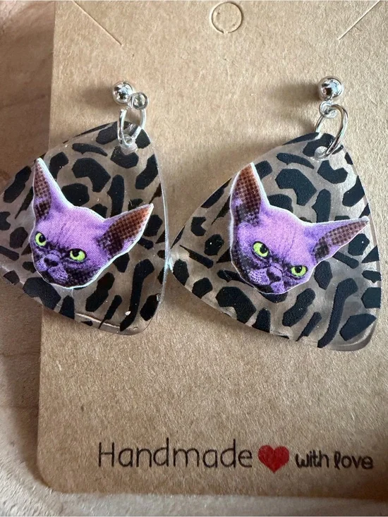 Handmade Purple Cat Earrings for Pets Cat Lovers
