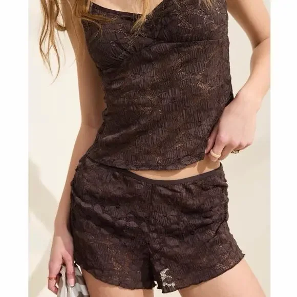 NWT Aerie Offshore Lace Boxer Shorts Deep Earth Brown Floral Lace Medium Pajama