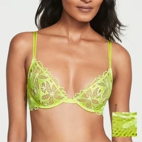 VICTORIA'S SECRET Ziggy Glam Lace Floral Embroidery Unlined Demi‎ Bra Size 38DD