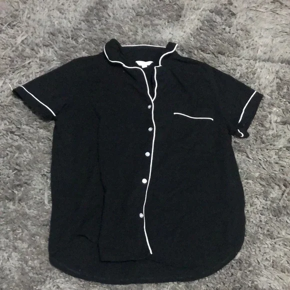 Pajama Top Short Sleeve Sleep‎ Shirt Button Down Black White Trim