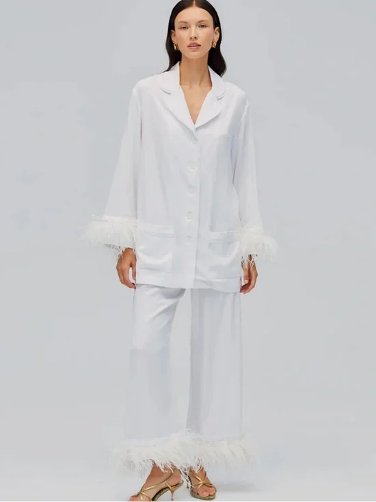 SLEEPER sz XS PRE-OWNED White Feather-Trim Button Pajama Set -FLAWED