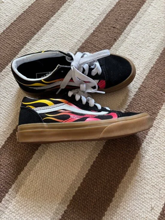 Vans Kids Black Sneakers with Yellow and Pink Flame Design