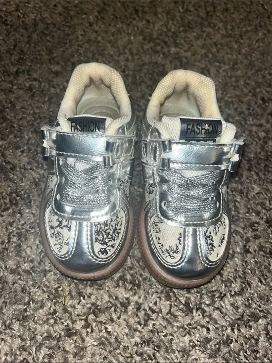 Kids Metallic Silver 'Fashion' Sneakers with Patterned Panels