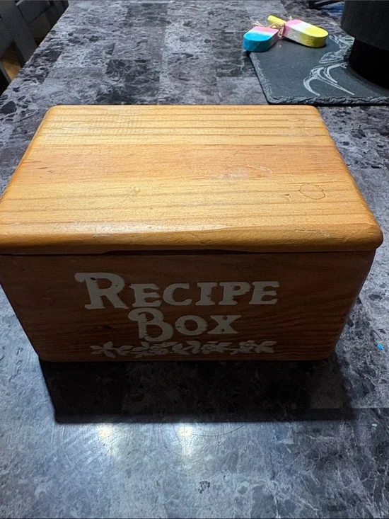 Wooden Recipe Box in Light Brown with White Lettering