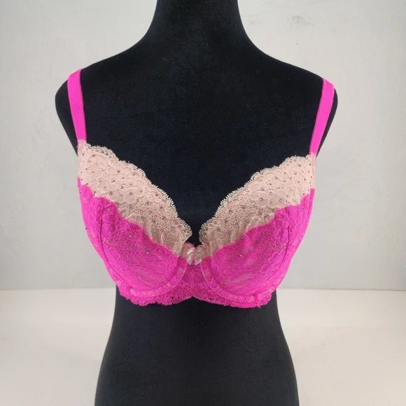 Victoria's‎ Secret Hot Pink Lace Rhinestone Dream Angels Lined Demi Bra 34DD
