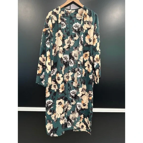 PinkBlush‎ Maternity Teal Floral Open Front Duster with Pockets Long Sleeve