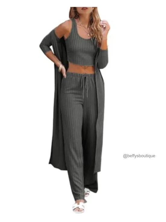 3 Piece Lounge Pajamas Set Vest Top Wide Leg Pants Long Cardigan Matching Sets