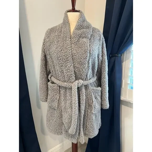 NATORIE Josie Plush Thigh Length Robe-Small-Pockets-Tie Closure-Gray-Soft-Lounge