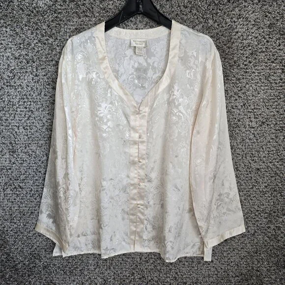 Vintage Victorias Secret Pajama Top‎ Womens Large Cream Button Up Polyester