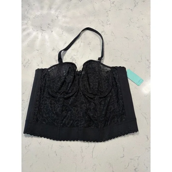 Goddess Lace Bridal Longline Bra Black 40B Strapless Halter Bustier‎ NWT