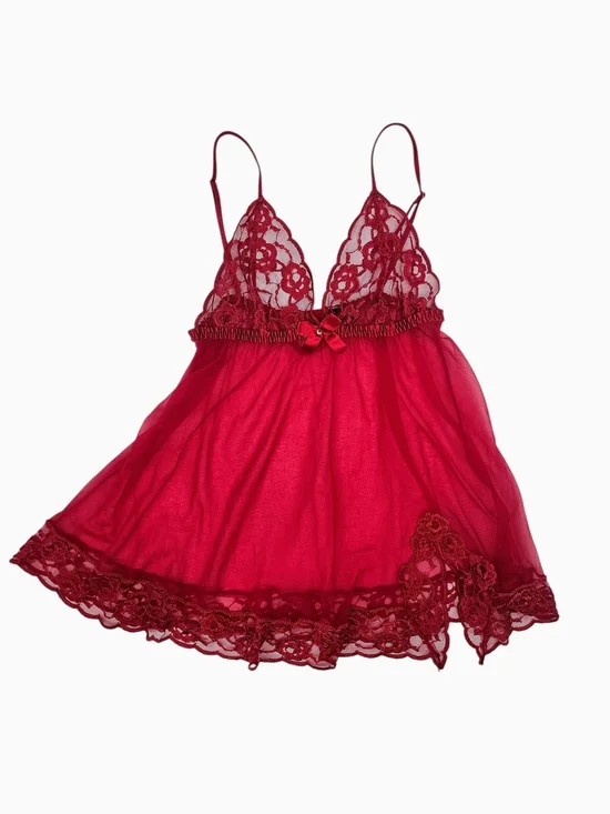 Vintage Frederick's of Hollywood Red Lace Mesh Babydoll Lingerie Slip Y2K Medium