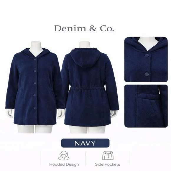 Denim & Co Womens 3X Hooded Fleece Coat Navy Blue Button Front A238959 NWT‎