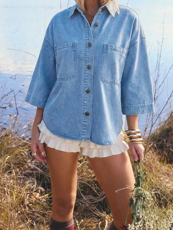 Light Wash Casual Women's Cute 3/4 Sleeve Drop Shoulder Pocket Denim Shirt