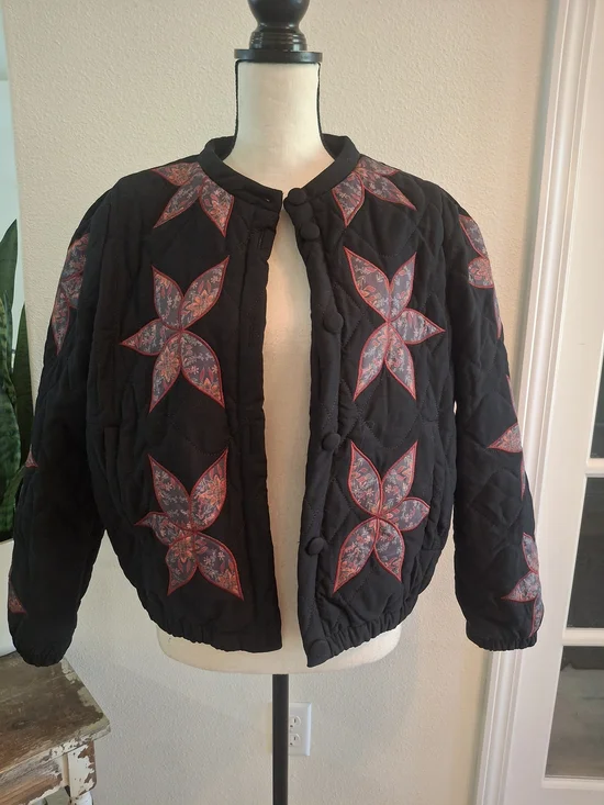 Black Quilted Quinn Bomber Jacket with Red Floral Star Appliqués