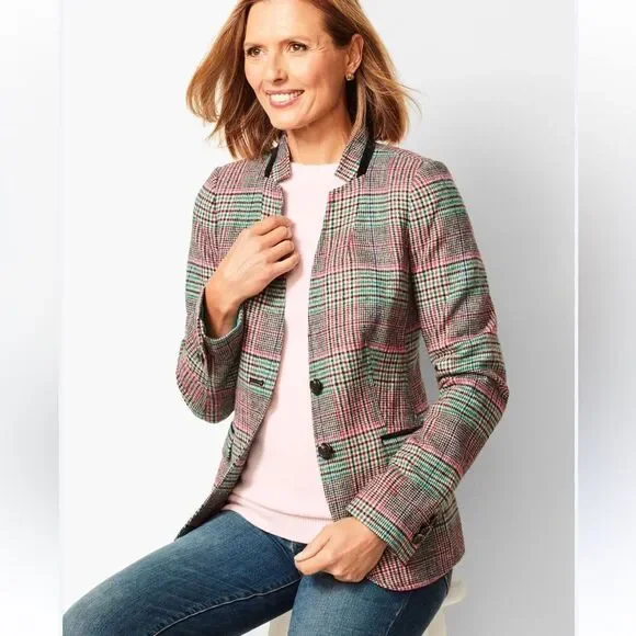 Talbots Shetland Aberdeen Tipped Plaid Wool Blend Blazer | Size 14