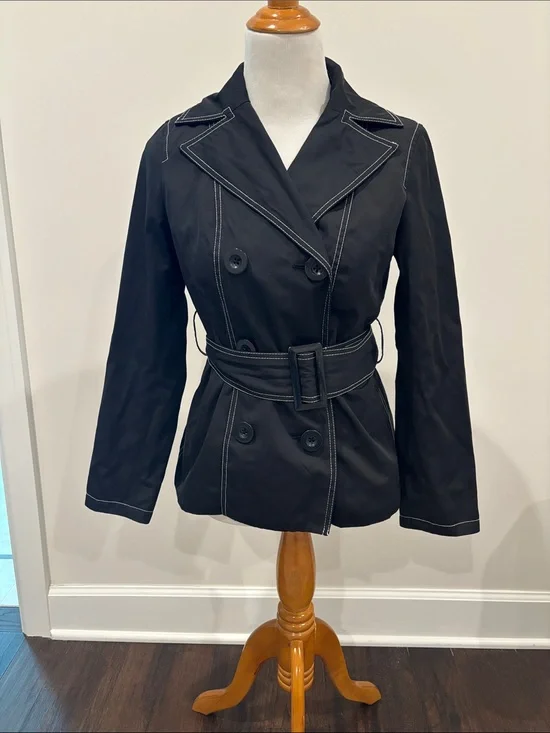 White House Black Market Black Double-Breasted Trench with Contrast Stitching