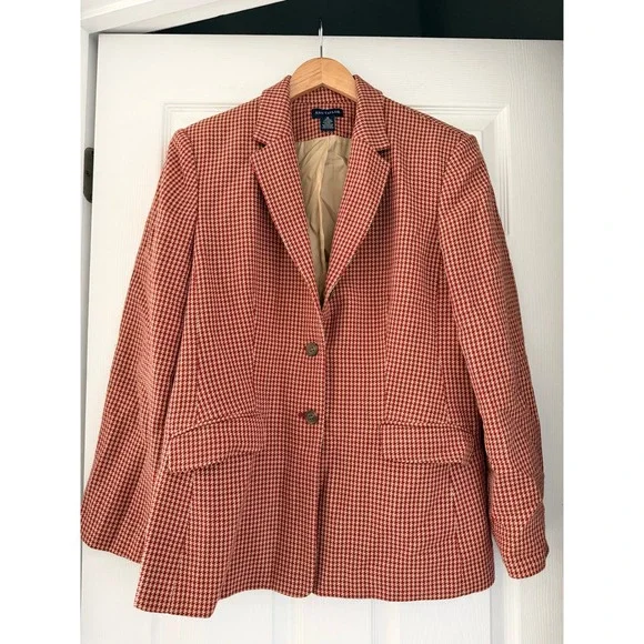 Vintage Ann Taylor Red and Beige Wool Blend Houndstooth Blazer Business Casual