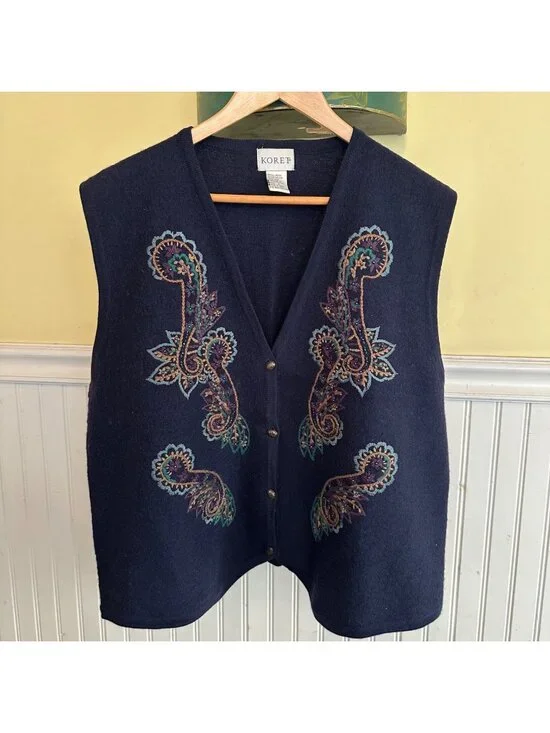 Koret Navy Wool Embroidered Paisley Womens Vest Size L