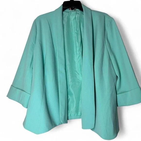Kasper Women 14W Aqua Teal Open Front 3/4 Sleeve Blazer Business Office Workwear