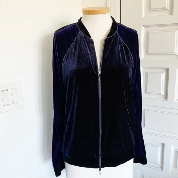 Elie Tahari Sport Velvet Bomber Jacket Purple & Black Size Large