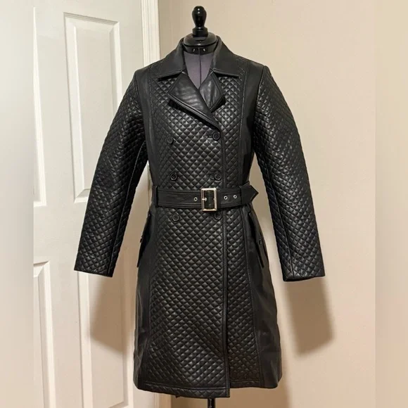 EUC The Jacket Maker Sweet Susan Black Leather Trench Coat