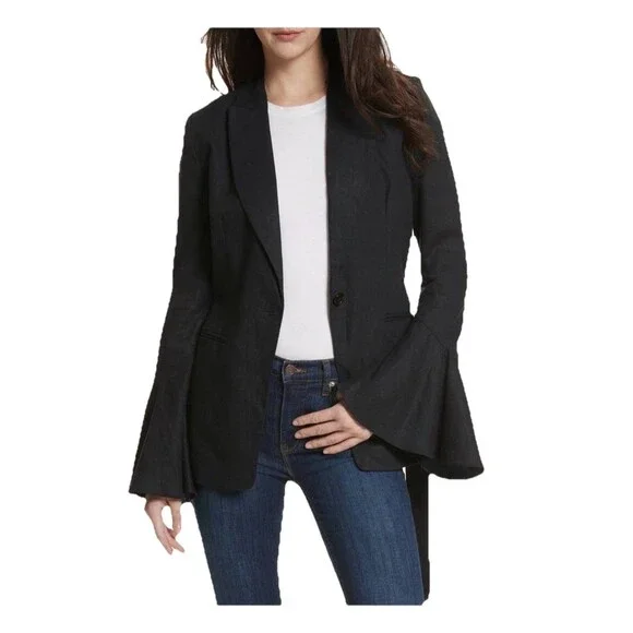 Free People Women’s Flared Sleeve Linen Black With Shoulder Pads Blazer Medium