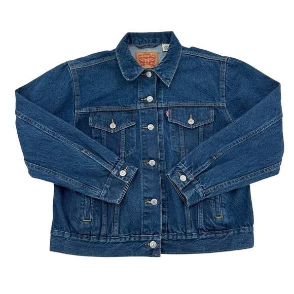 Levi Strauss Co Womens Size L Denim Jacket  Blue Trucker Style Classic Logo Warm