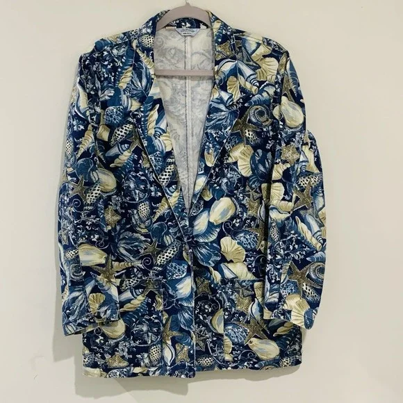 Vtg Novelty Blazer Jacket Womens Medium Seashell Canvas Nautical Coastal Beach