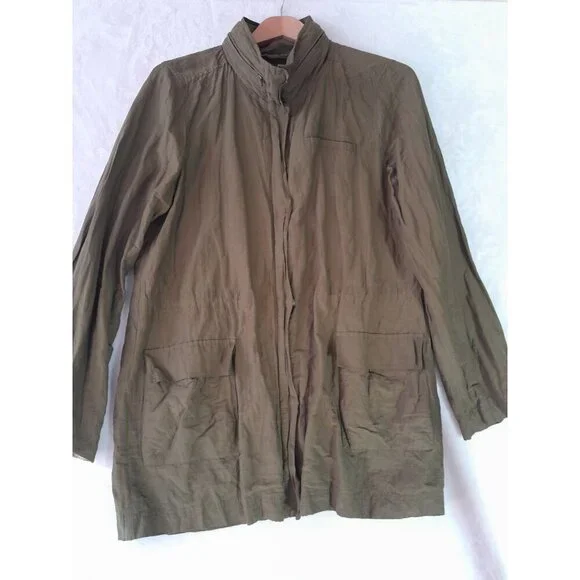Eileen Fisher Rumpled Organic Cotton Blend Jacket Stowaway Hood Medium Olive