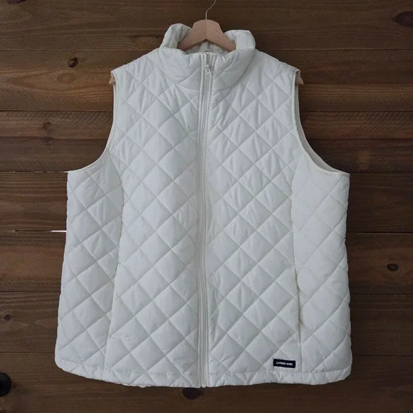 Lands' End‎ Puffer Vest White Diamond Quilted Women 2X 20W-22W