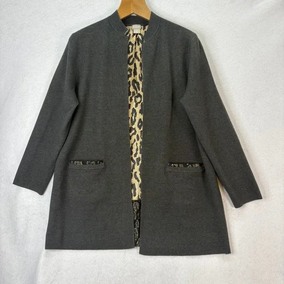 Chico's Womens Sz 2 (L) Gray Longline Jacket Cardigan‎ Animal Print Back Pockets