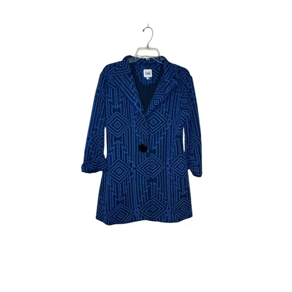 Luii Women's Jacket Textured Geometric Print‎ Big Button Mid Length Blue Medium
