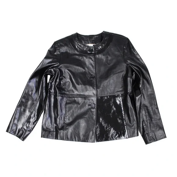 LAURA ASHLEY Genuine Patent & Glossy Black Leather Jacket SZ M MSRP$218