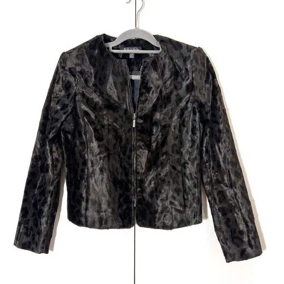 Brooks Brothers Jacket Women 6 Faux Calf Hair Animal Print Full Zip‎ Brown Black