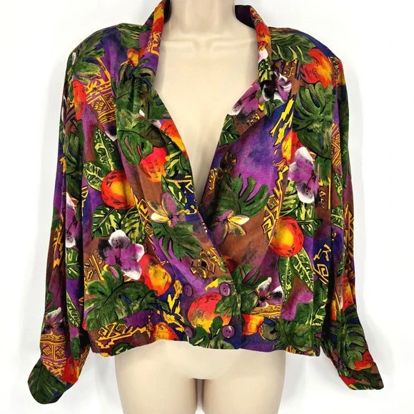 PS Illustrations Vintage Tropical Fruit Floral Cropped Jacket Purple Multicolor